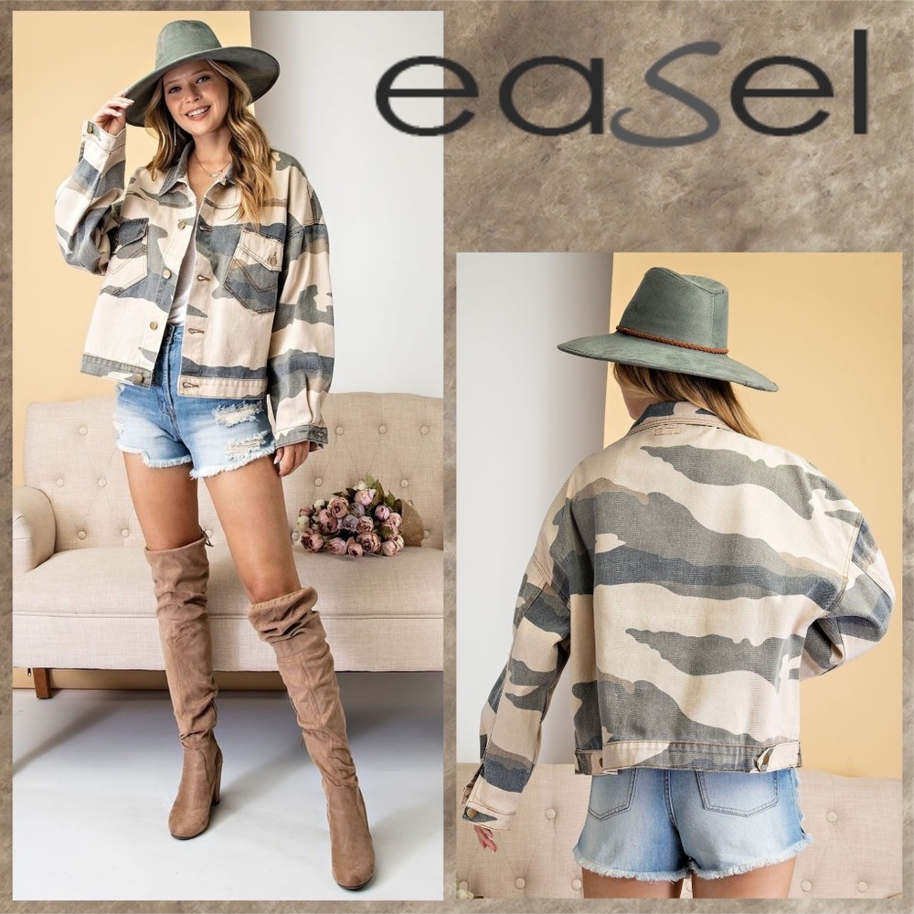 Easel Camo Print Cotton Twill Boxy Denim Jacket Pockets Button Up